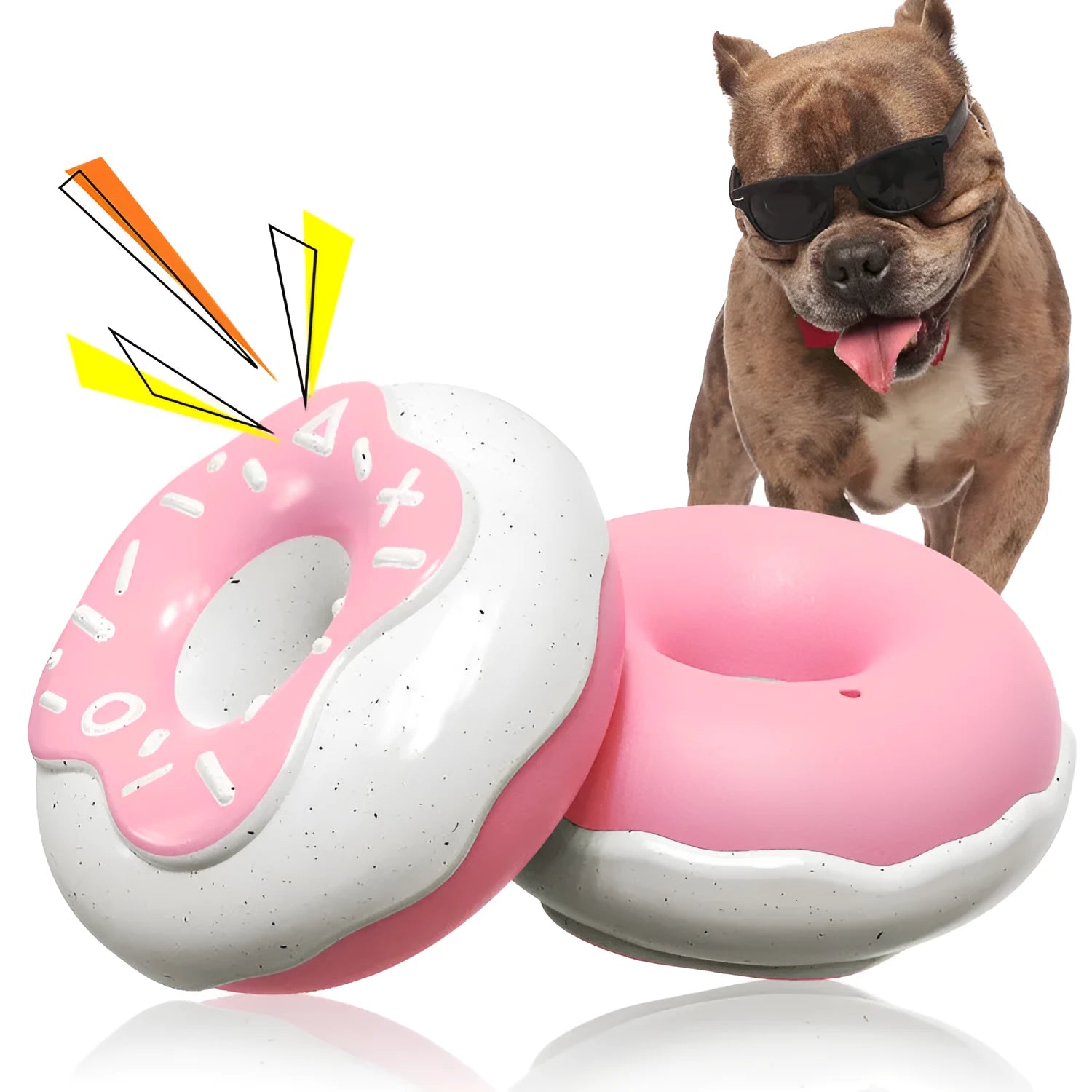 TPR donut-shaped dog chew toy in pink, chocolate or yellow with molar teeth cleaning sound squeaker