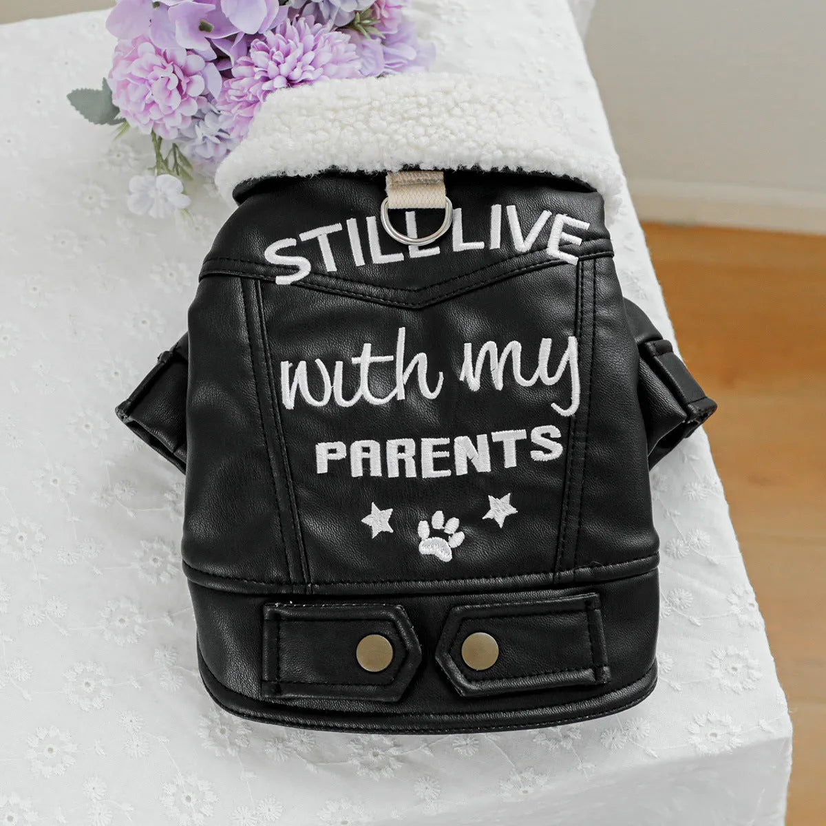 Large fur coat dog clothing with fleece lining and padding in beige, black or suede style