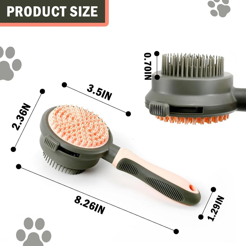 Double-sided pink cat grooming brush with release button and flea comb component