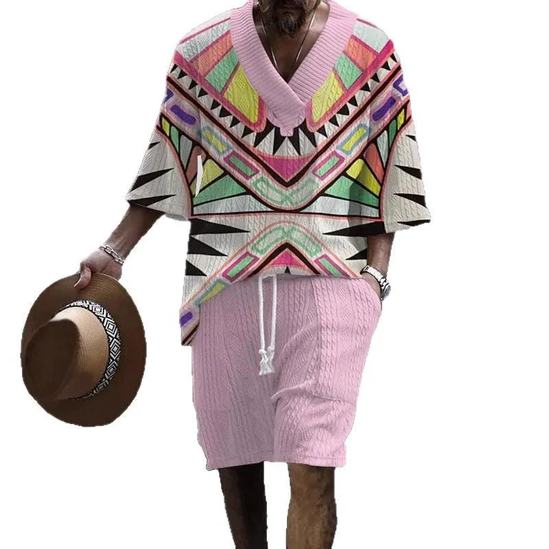 Loose casual short sleeve suit set in polyester fabric showing top and shorts in available colour options