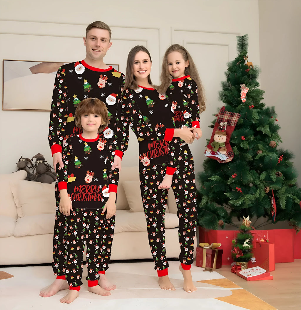 Family wearing matching red plaid Christmas pyjamas with a dog in a matching set.