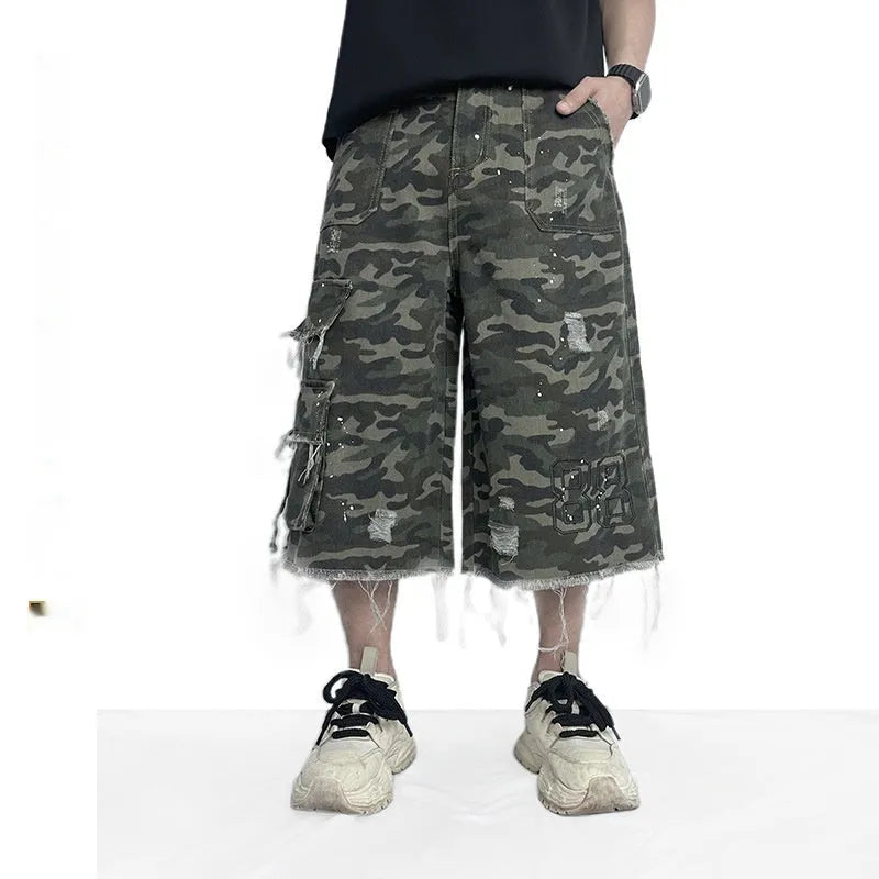Camouflage cotton wide leg shorts with micro elastic waist in summer style
