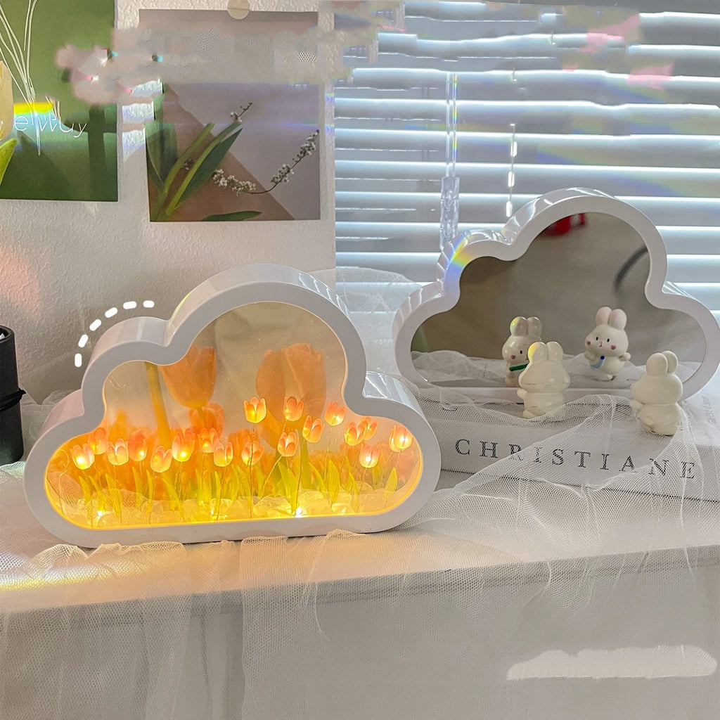 Tulip-shaped LED night lamp with decorative mirror photo frame in multiple colour options