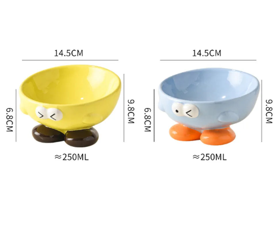 Blue slanted ceramic pet bowl with cute expression design for cat and dog cervical spine support