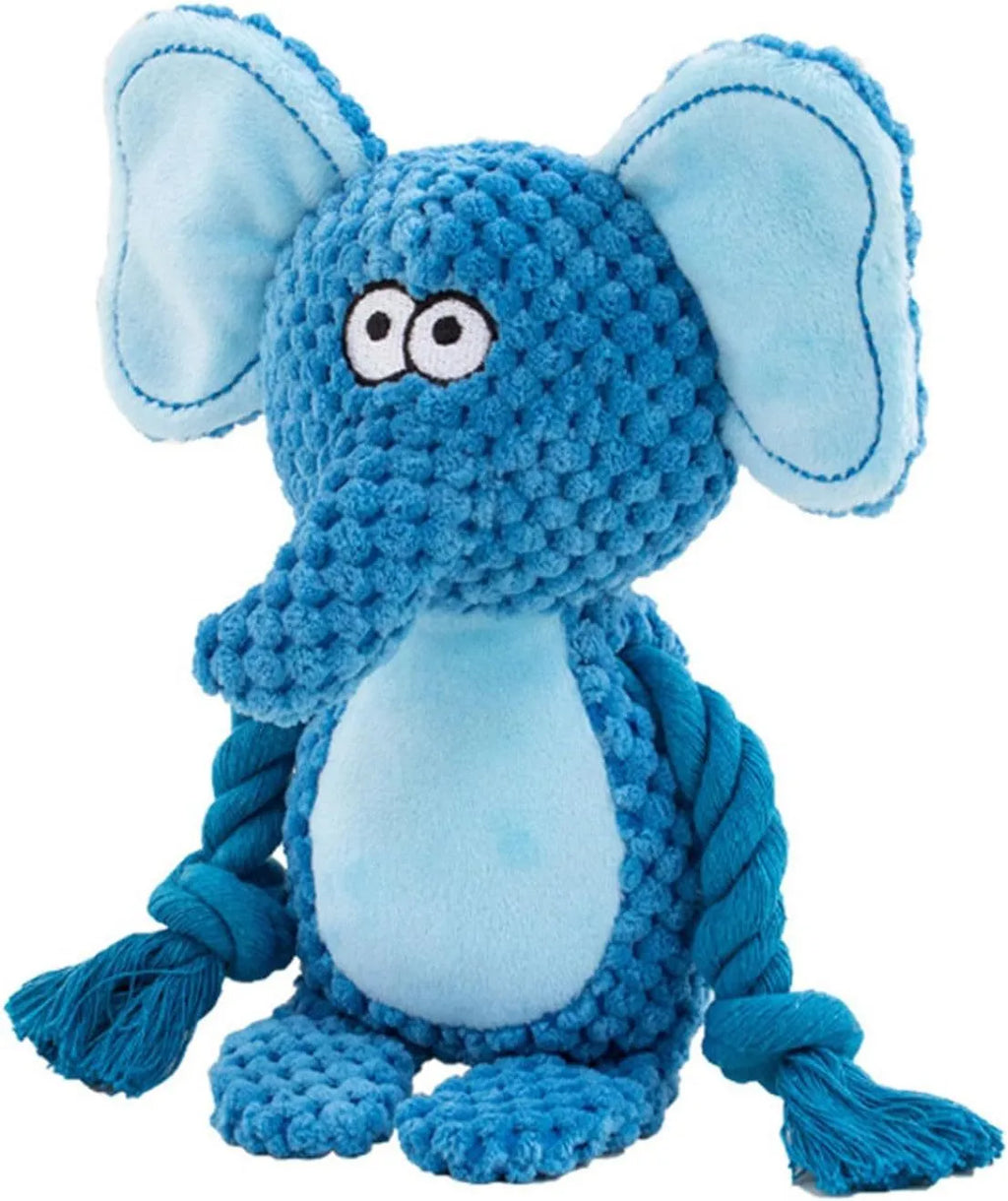 Plush dog toy with a cotton rope tail, shown in Elephant, Fox, Monkey, Pig, and Rabbit designs.