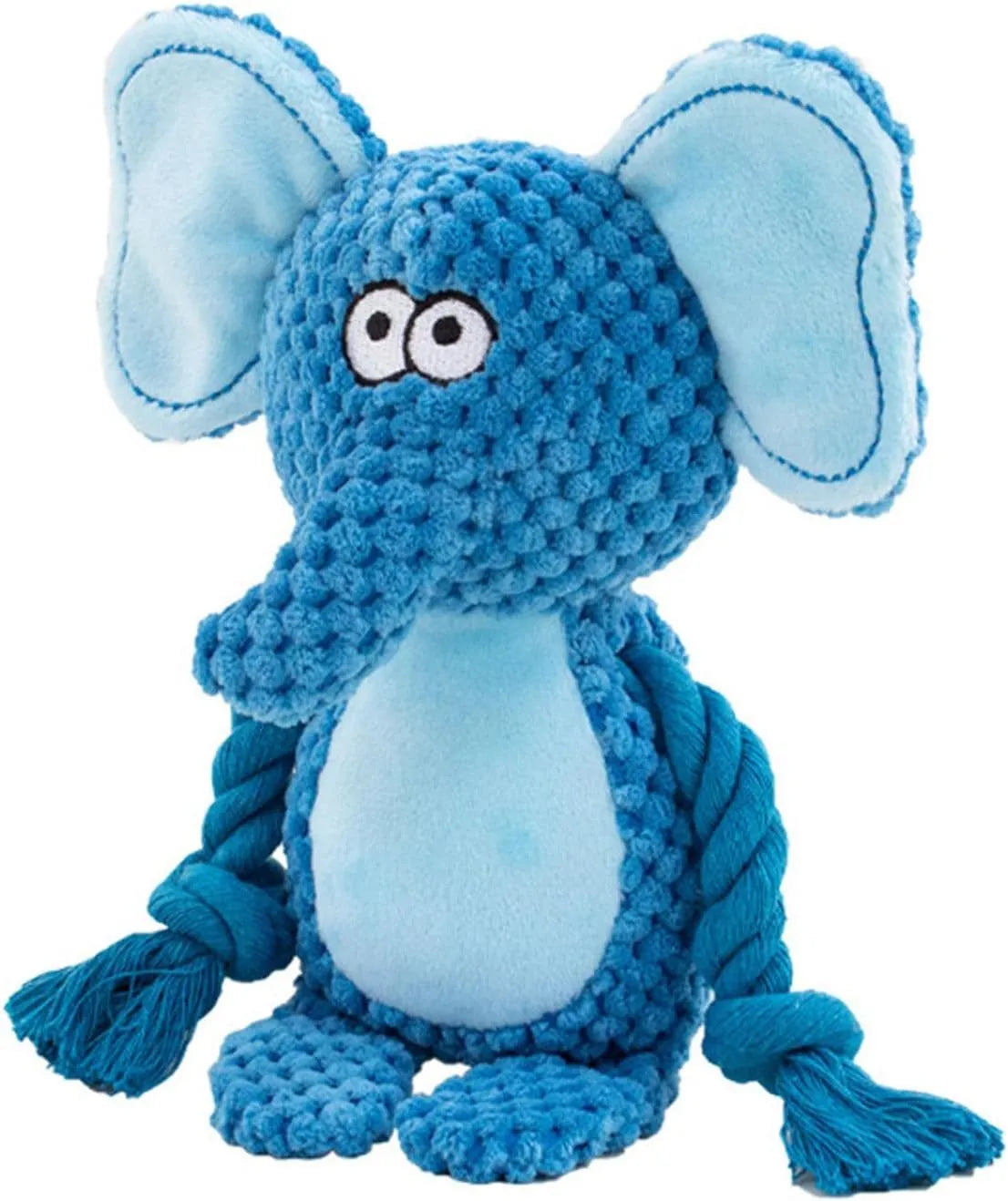 Plush dog toy with a cotton rope tail, shown in Elephant, Fox, Monkey, Pig, and Rabbit designs.