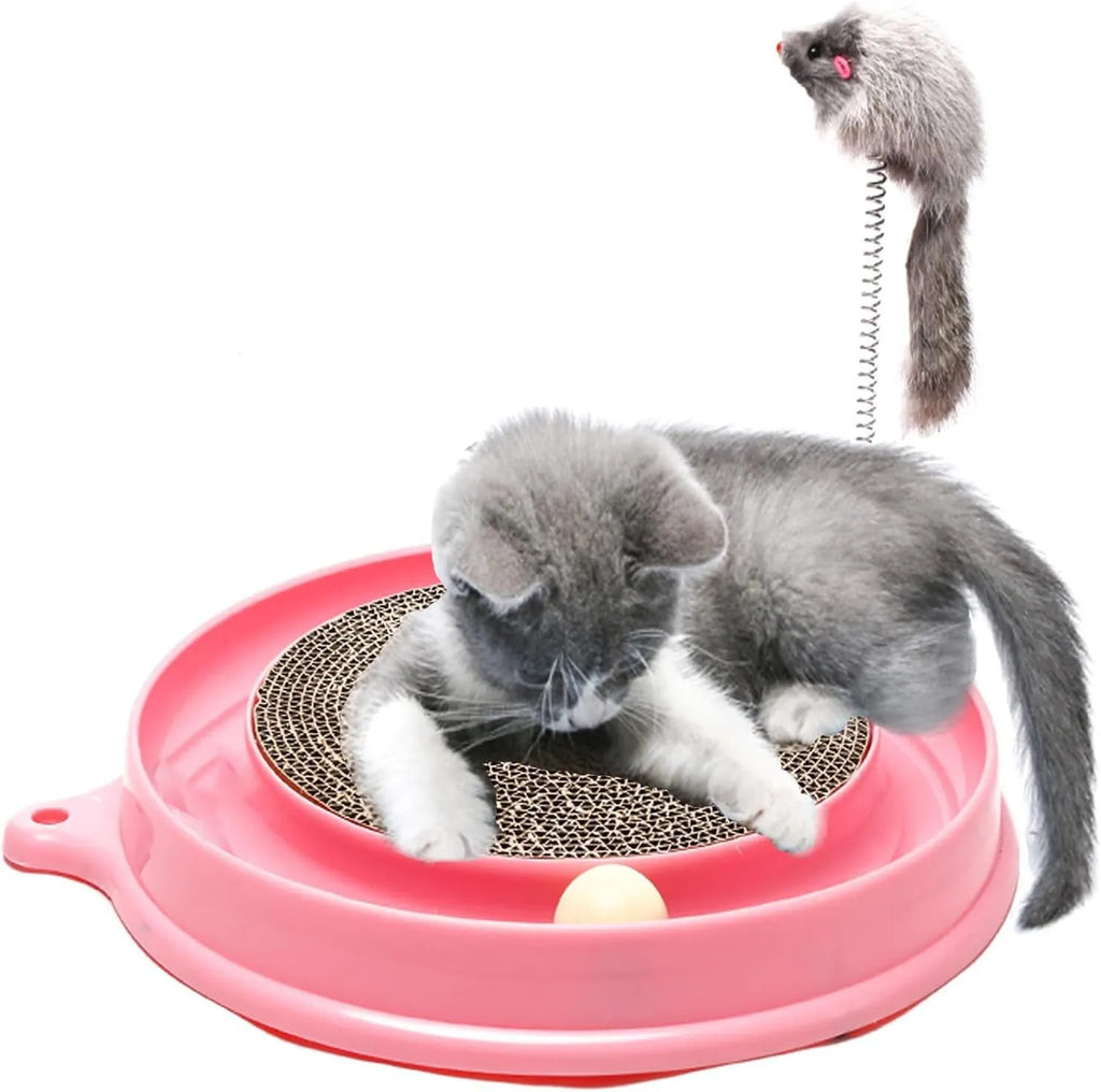 Circular cat scratcher toy with replaceable centre pad and ball track channel