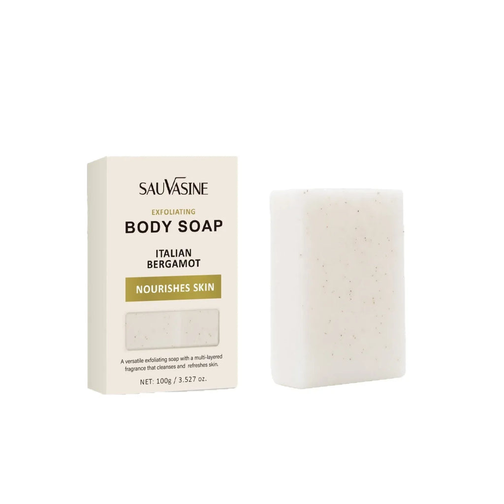 Exfoliating and moisturising body soap bar for adult skin cleansing.