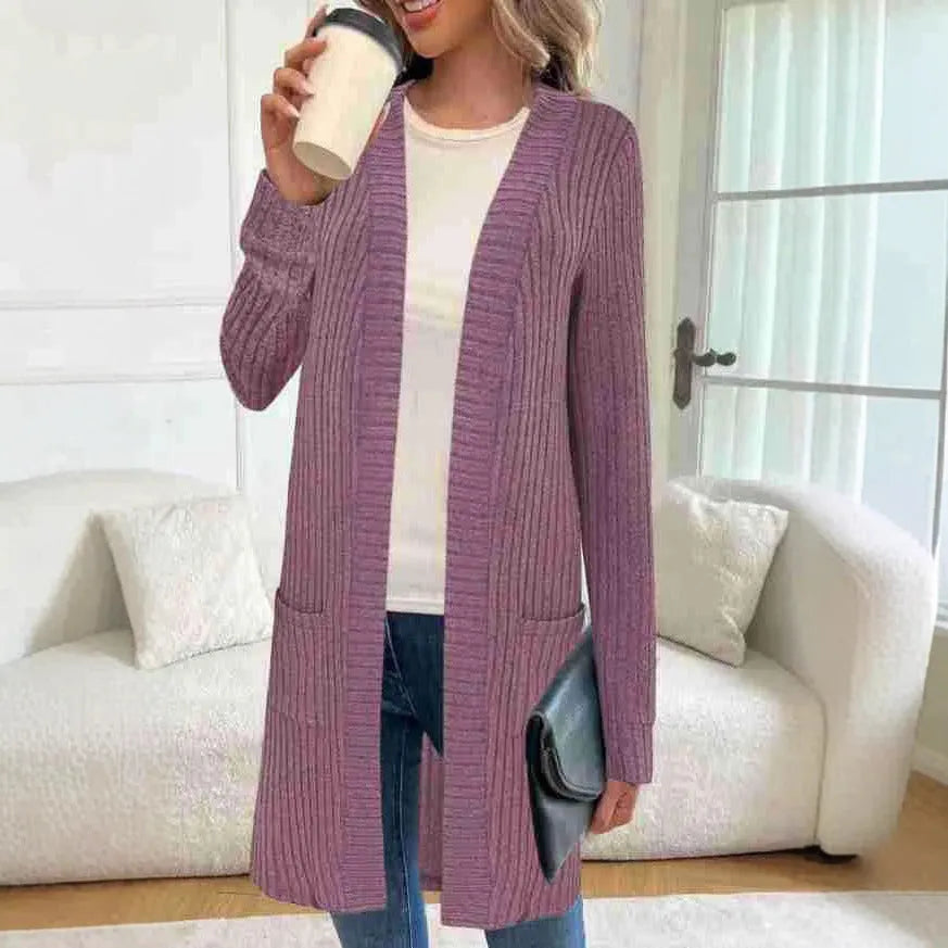Long sleeve loose fit cardigan jacket with pockets in polyester fabric shown in black colour