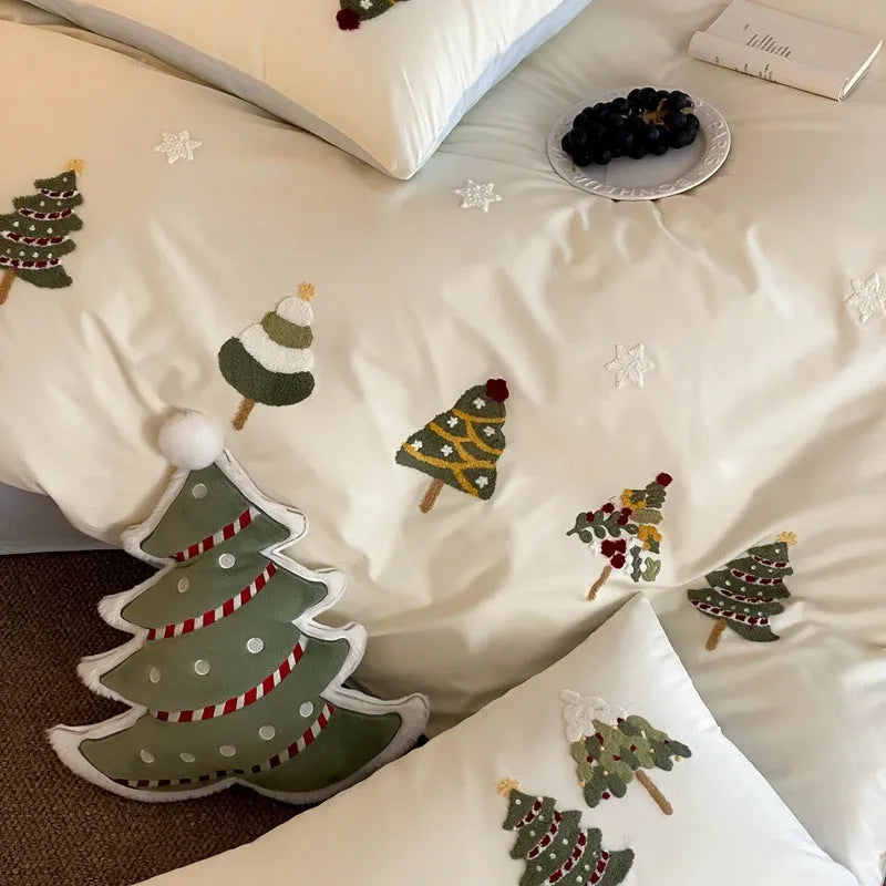 Cream Blue cotton duvet cover with embroidered Christmas tree and floral pattern, part of a four-piece bedding set.