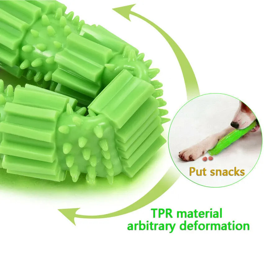 Green and orange rubber dog chew toy with treat dispensing design and textured surface