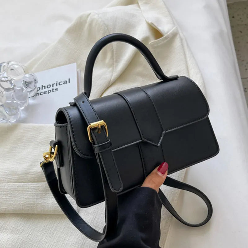 Women's beige PU leather messenger bag showing horizontal square shape and front sandwich pocket