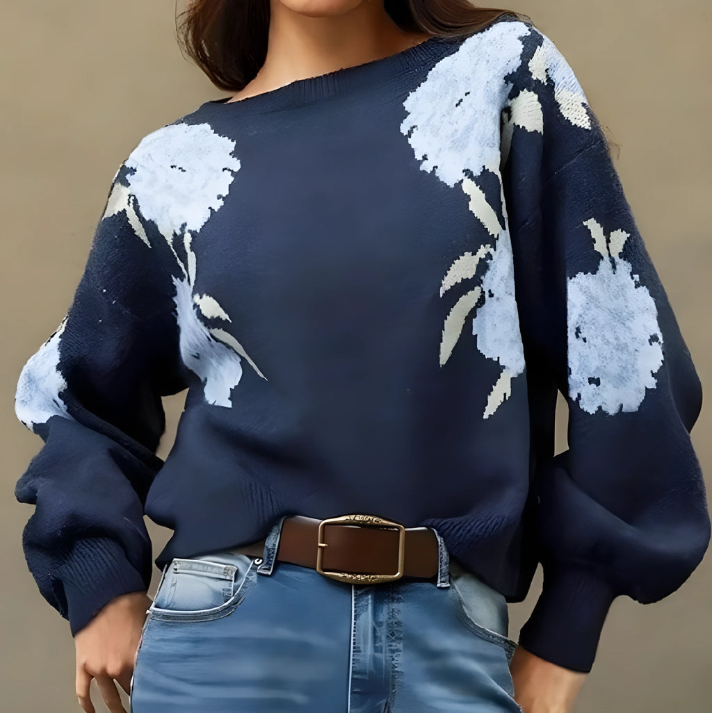 Sapphire blue women's loose pullover with floral jacquard pattern and off-neck design.