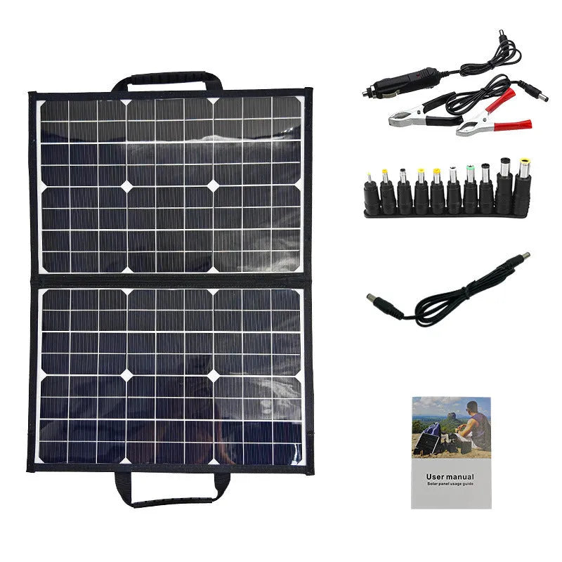 Black 40W folding solar charger bag showing compact folded size and single crystal panel.