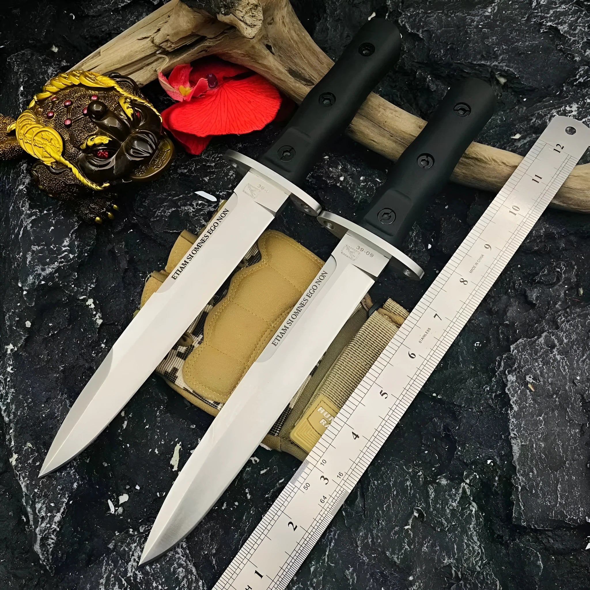 Small straight knife with D2 steel blade, 32 cm full length, outdoor camping use
