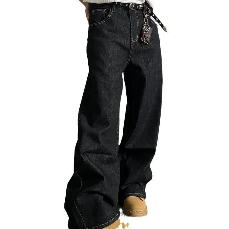 Black loose wide-leg retro jeans with straight-leg cut and zip placket fly
