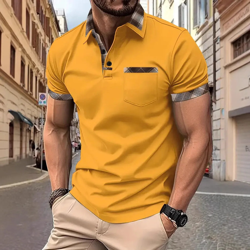 Men's loose fit short sleeve t-shirt with colourblock plaid design and zip decoration.