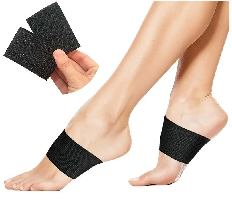 A pair of elastic PU arch support foot bandages, shown in heart style design for flat feet.
