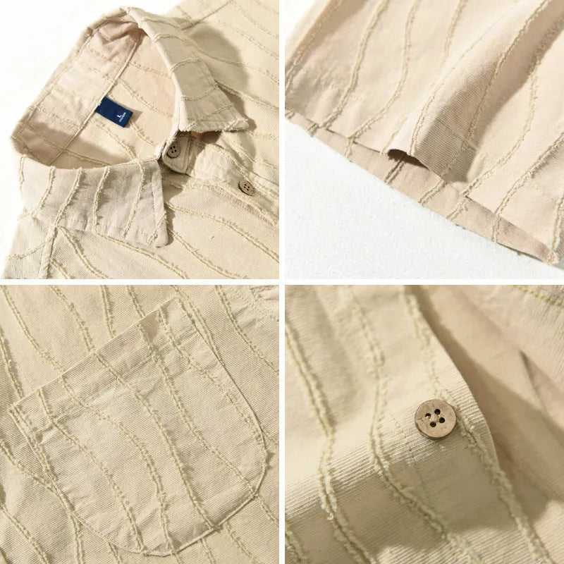 Man wearing a loose-fit apricot pure cotton short sleeve casual shirt with a Japanese fresh style.