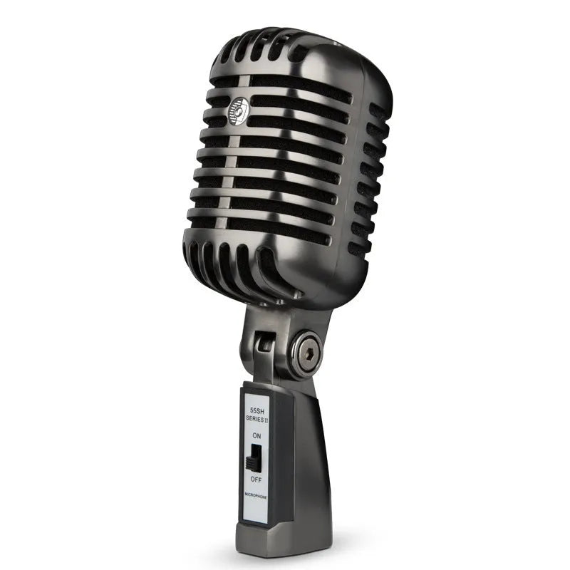 Retro-style silver condenser microphone with USB cable for PC recording and karaoke.