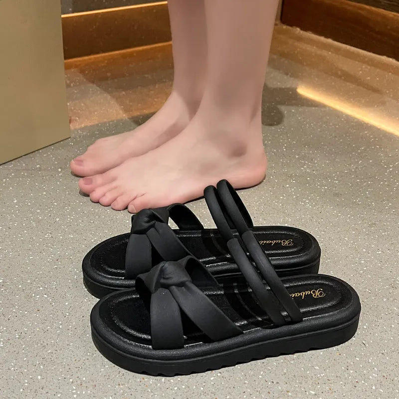 Women's black and white PVC two-way wear sandals with soft thick back and floral elements