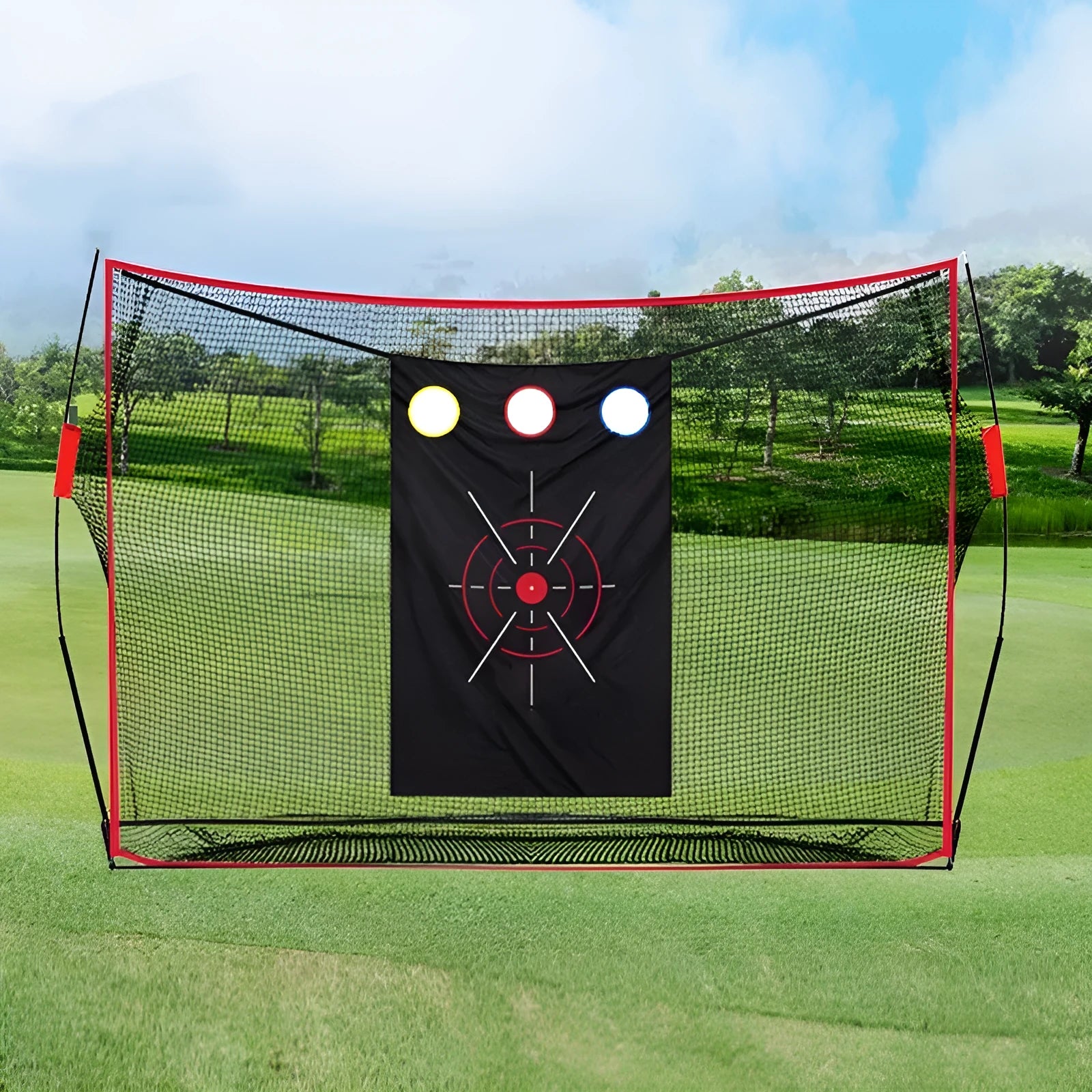Golf swing wedge training net with 3-hole design, straw mat, and practice balls
