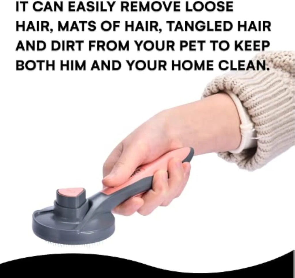Grey self-cleaning slicker brush for pet grooming with one-click button and comfort-grip handle
