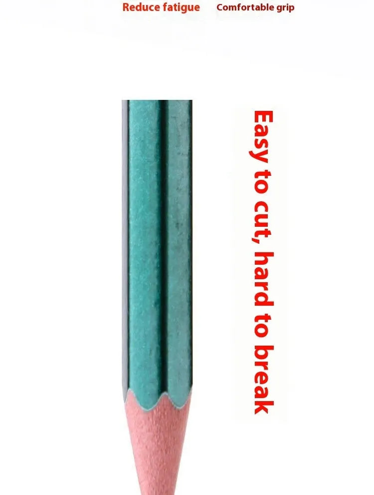 Box of ten green hexagonal wooden pencils, showing HB and 2B grades for writing and sketching.