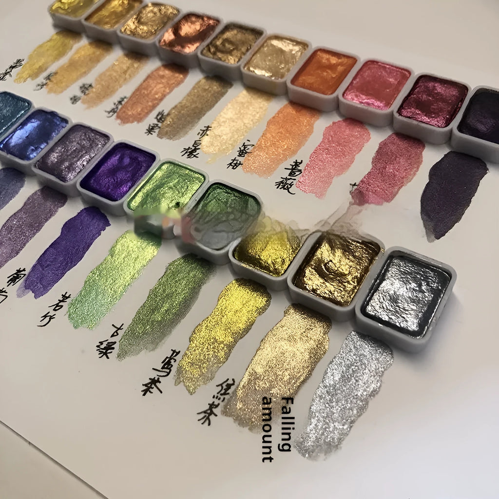 Traditional Chinese painting watercolour set showing tubes of pearlescent mineral colours including red, white, and gold 5ml tubes.