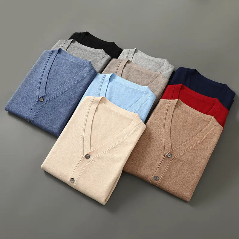 Man wearing a beige V-neck Andy velvet cardigan coat with long sleeves