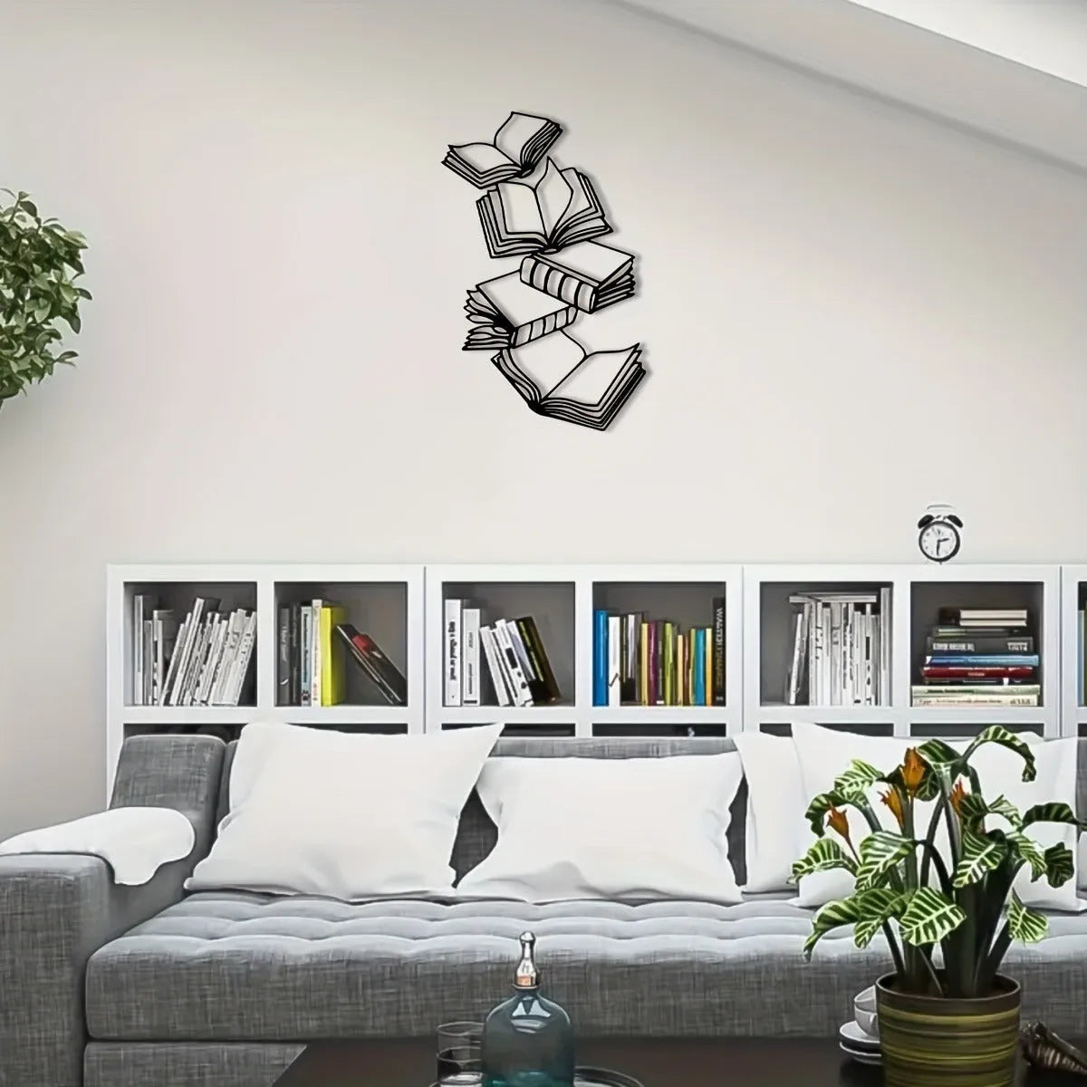 Black wrought iron geometric wall art decoration measuring 14.57 x 9.36 inches on a wall.
