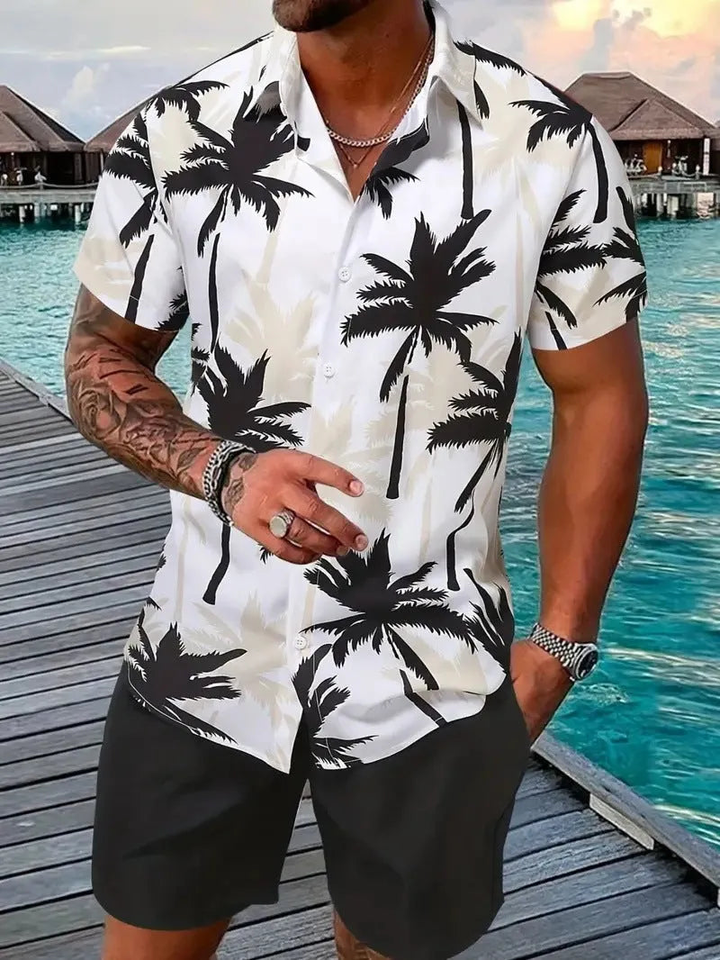 Man wearing a 3D printed Hawaiian pattern short sleeve top and matching shorts casual suit set.