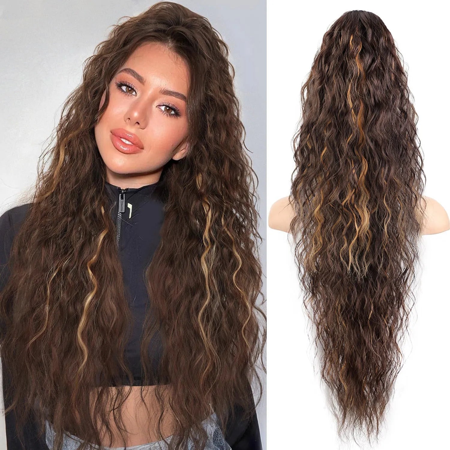 Long curly synthetic ponytail wig in high temperature fibre, 30 inches in length.