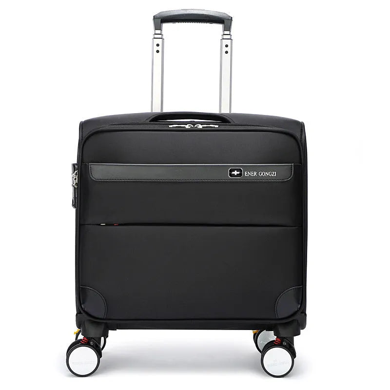 Black 18-inch oxford cloth business luggage suitcase with a retractable handle and wheels.
