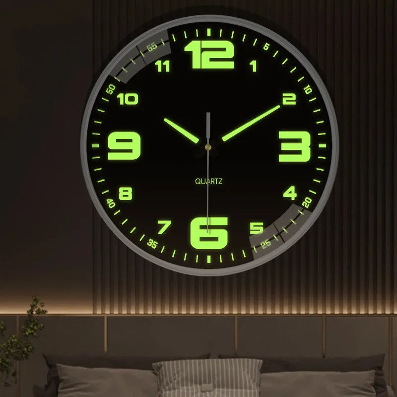 Modern luminous wall clock with plastic shell, 20cm diameter, shown in a room setting.