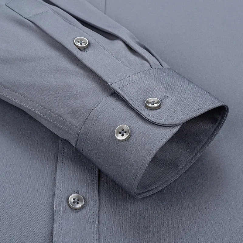 Men's long-sleeved stretch business cardigan shirt in solid colour, slim fit, polyester fabric, autumn work wear