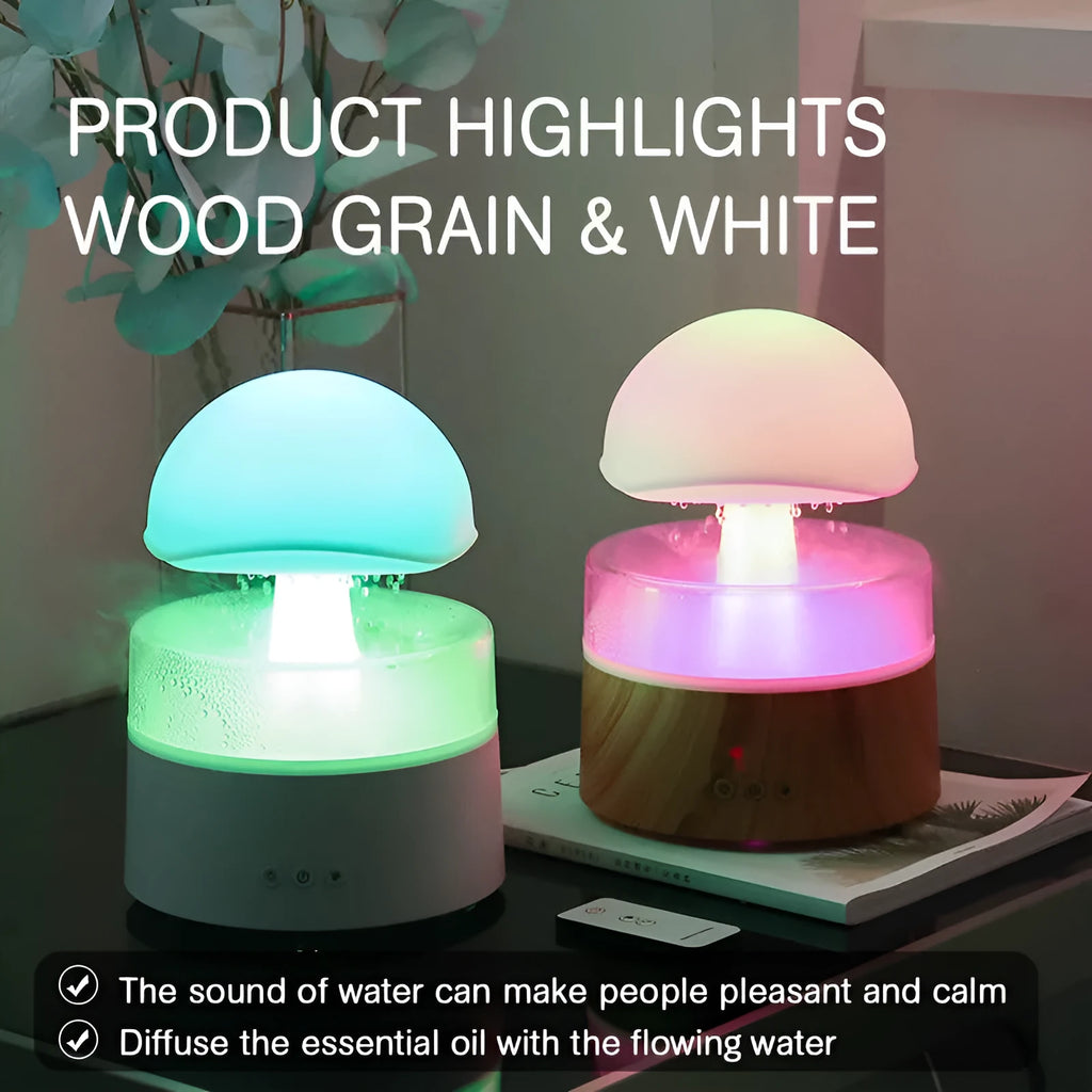 White cloud-shaped ultrasonic humidifier producing rainfall mist with colour-changing night light effects