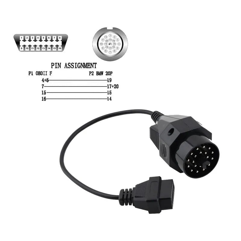 BMW diagnostic adapter cable showing 20-pin plug and standard 16-pin OBD2 socket.