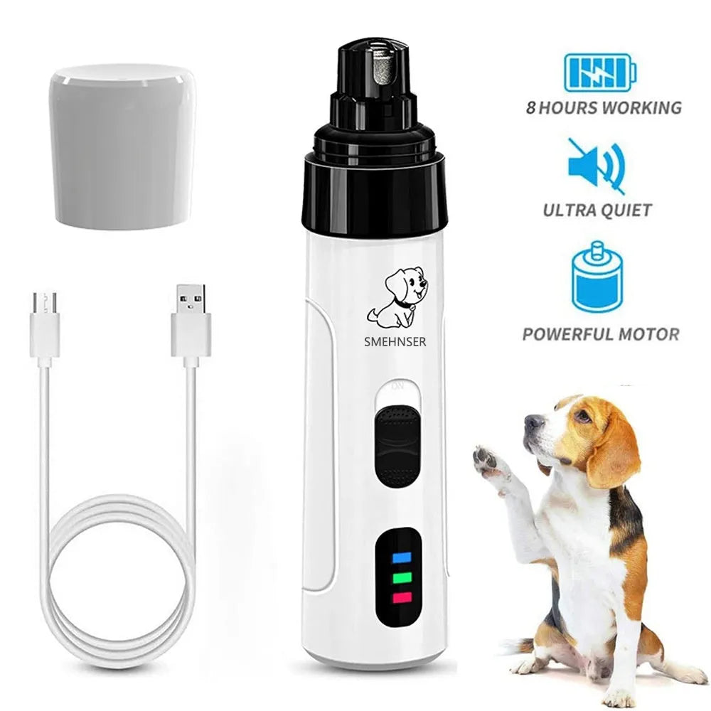 Automatic electric nail grinder for dogs with LED display and dust collection compartment.