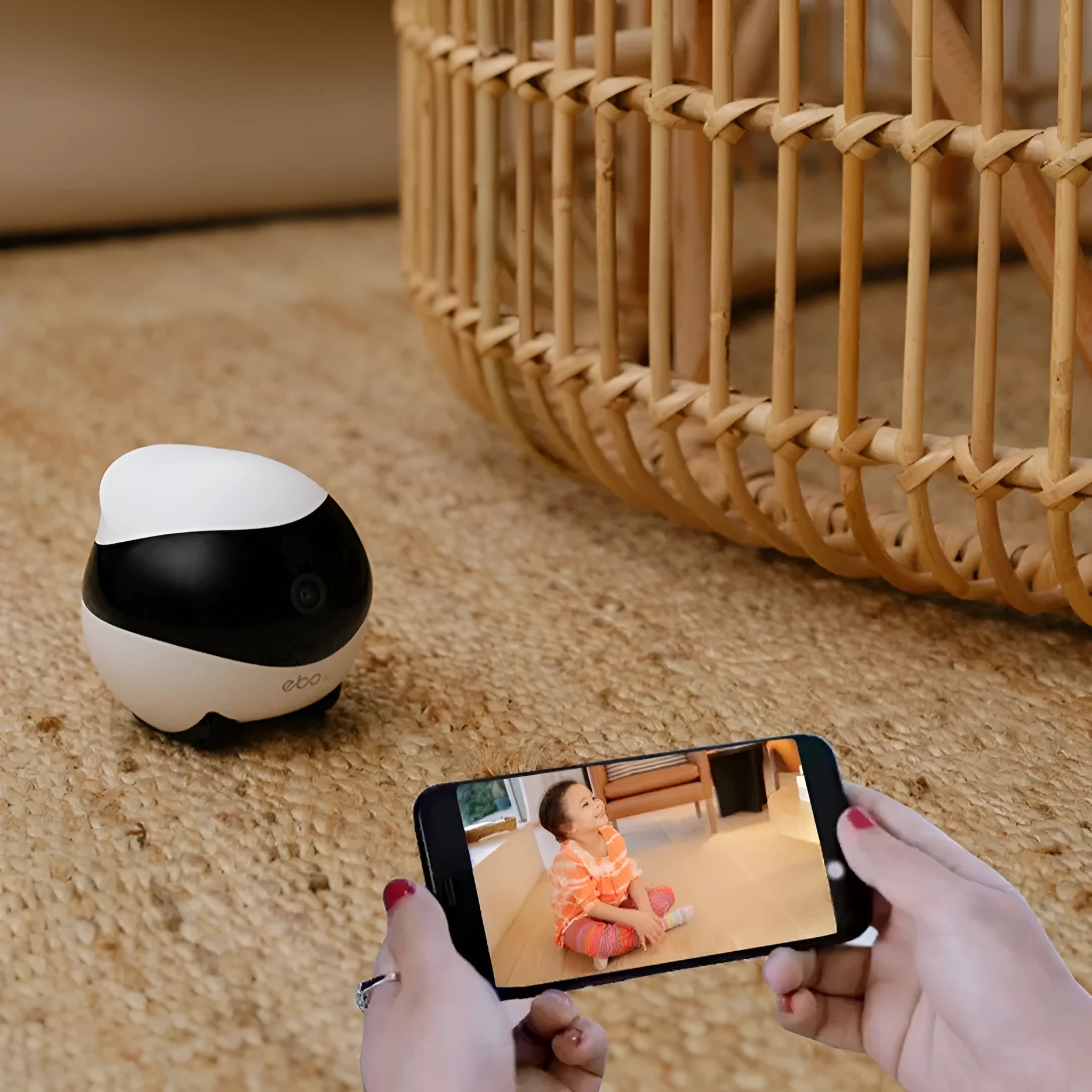 White smart home mobile surveillance robot camera on its automatic docking station.