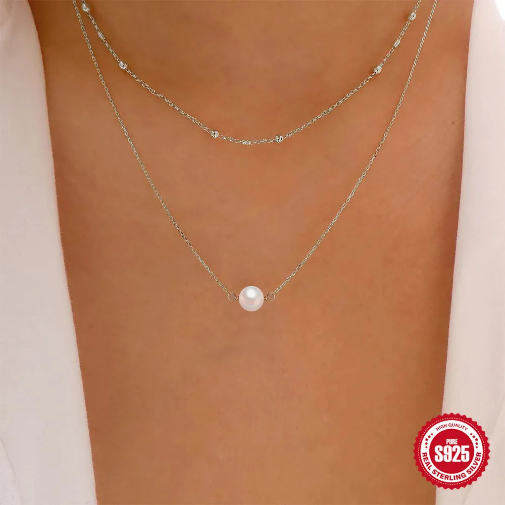 S925 sterling silver double layer twin pearl necklace with geometric design in gold colour