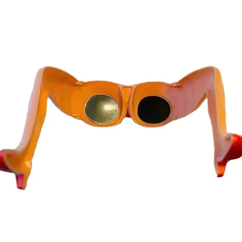 Orange novelty sunglasses with a unique leg hip style design on a white background.