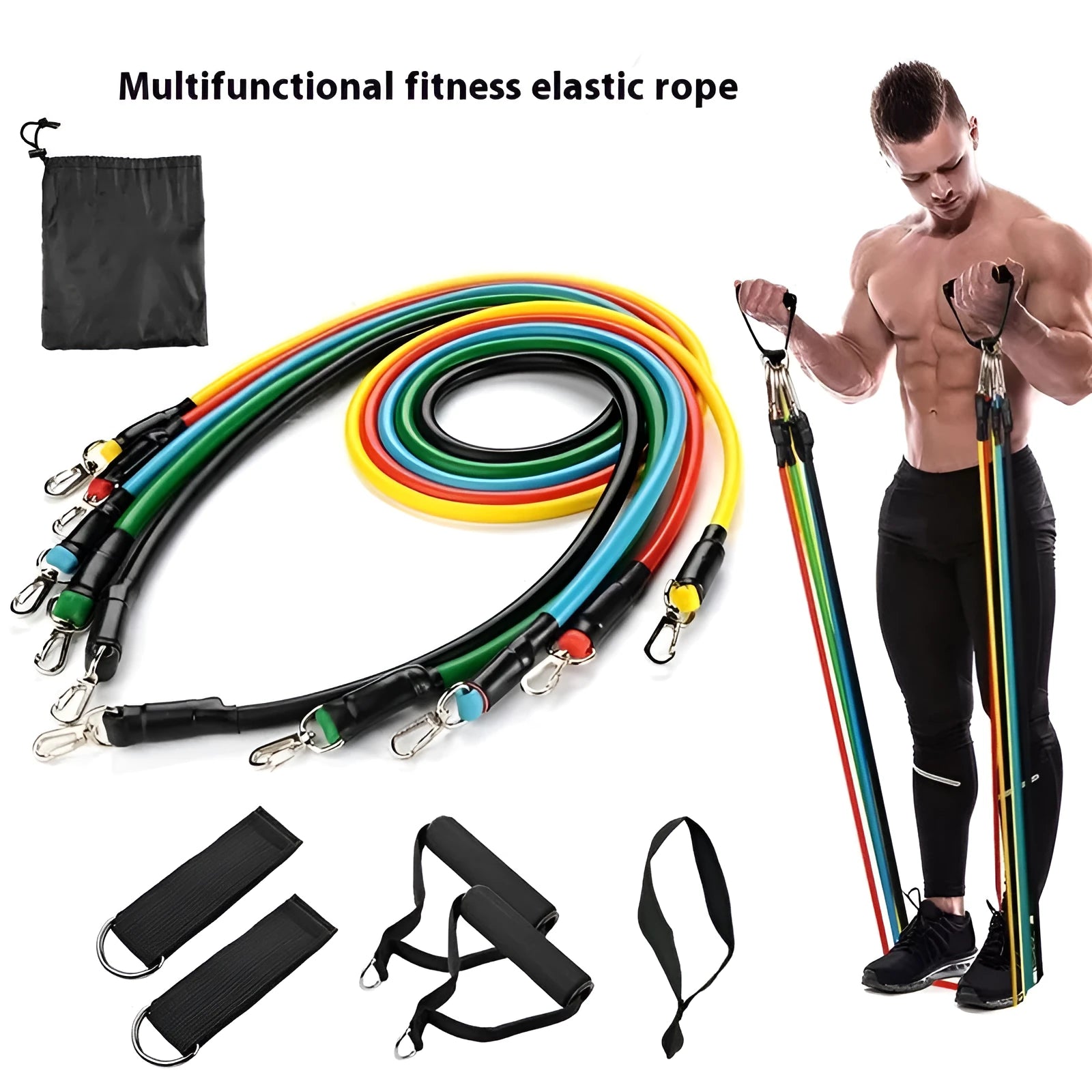 Multi-functional door sports 11-piece combination pulling rope set with ABS construction on a doorframe.