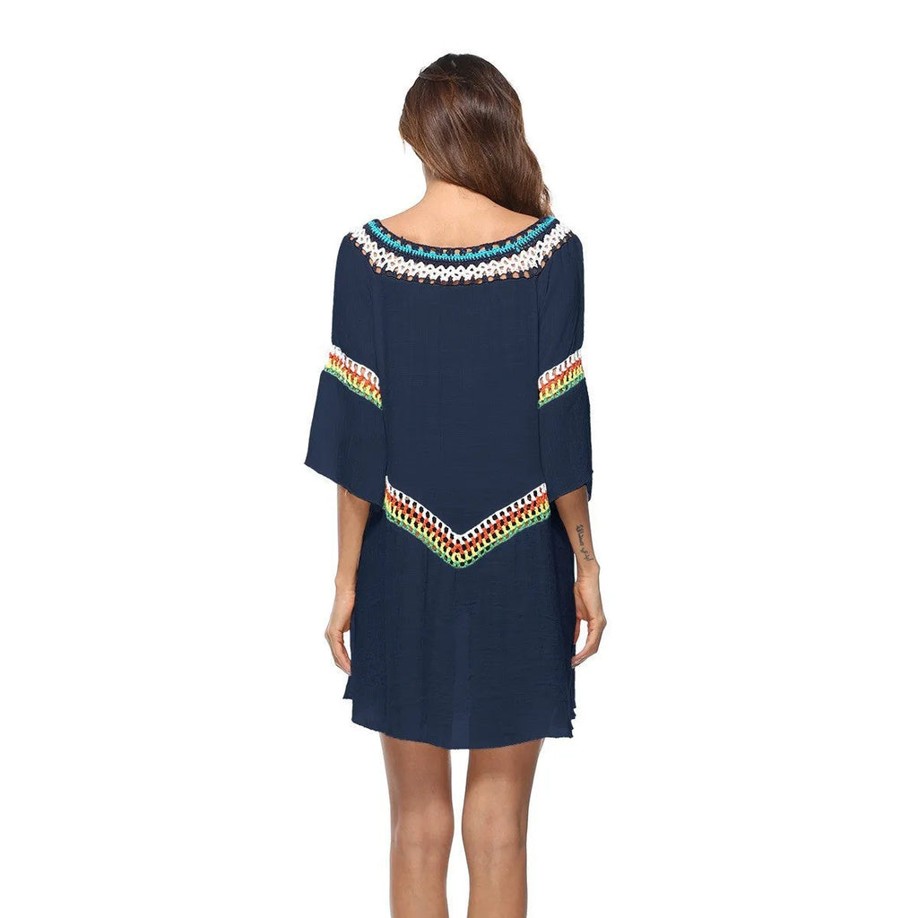 Women's crocheted ethnic style beach clothing set for swimming, shown in apricot colour.
