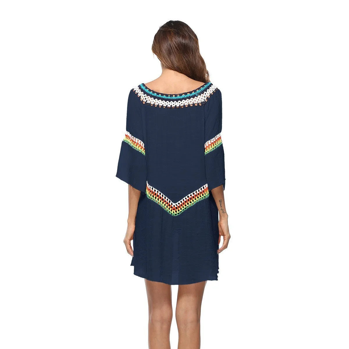 Women's crocheted ethnic style beach clothing set for swimming, shown in apricot colour.