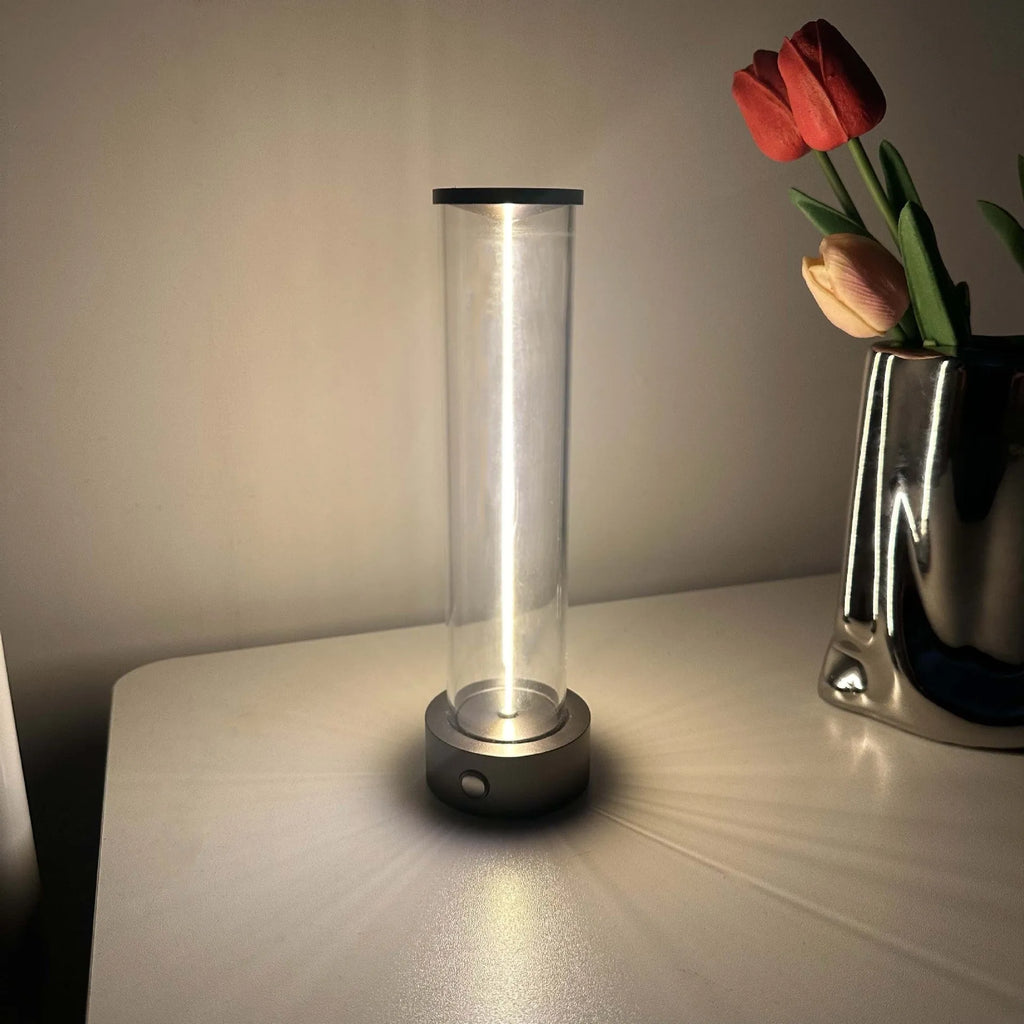 Slim modern USB rechargeable LED glass night light with magnetic back, dimensions 53mm by 234mm.