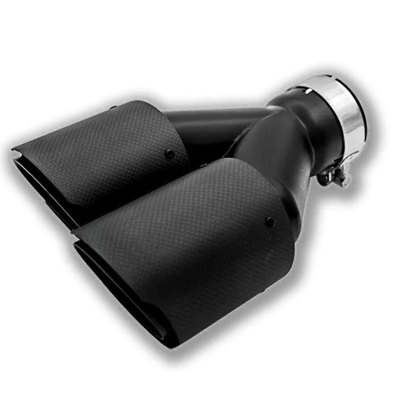 Black carbon fibre dual outlet exhaust pipe measuring 250mm for vehicle modification