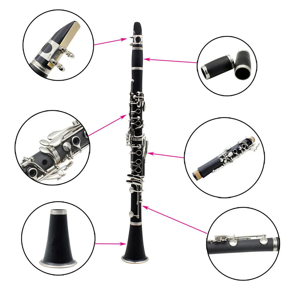 Black bakelite clarinet with 17 nickel-plated keys and included carrying bag