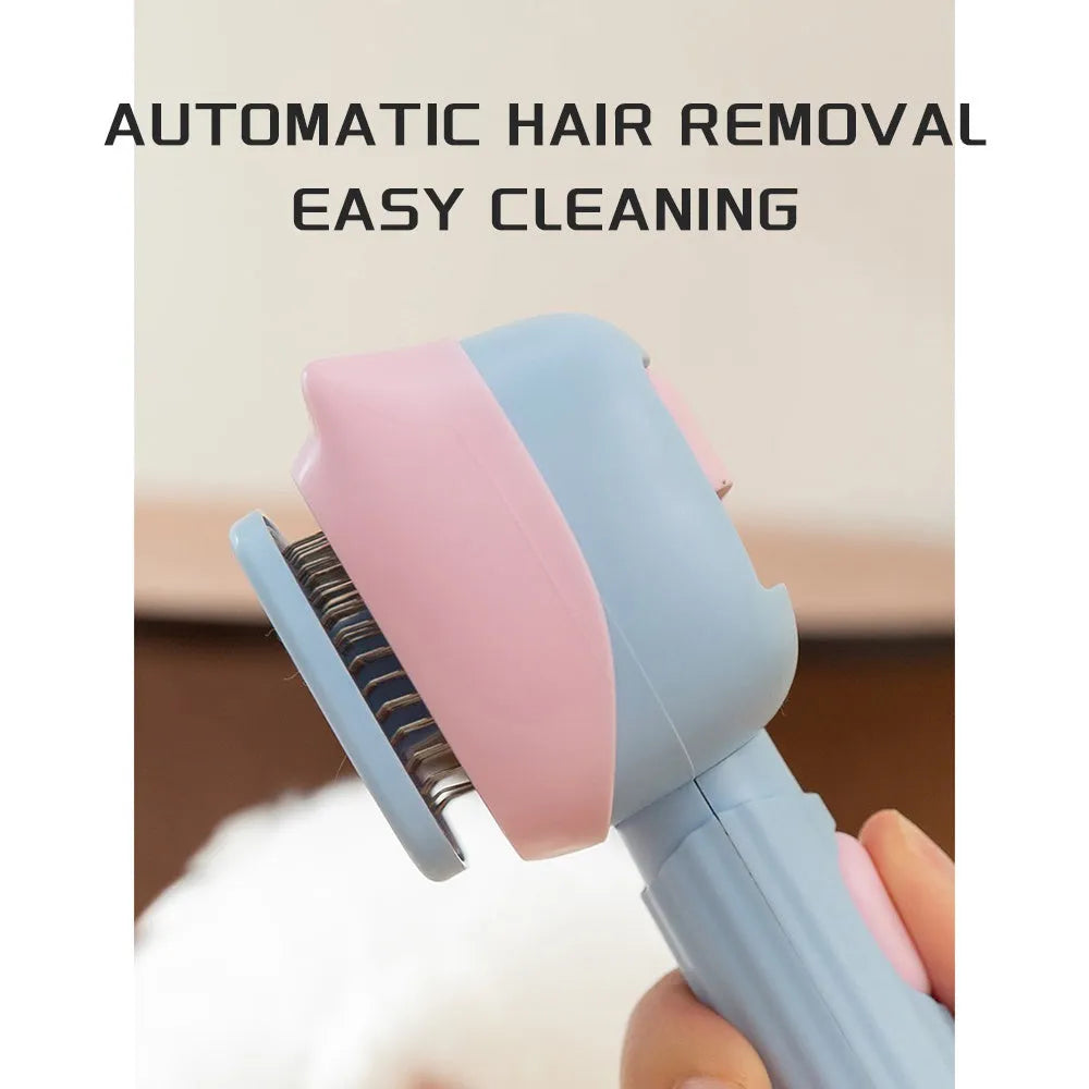 Blue double-sided pet grooming brush showing undercoat rake and dematting comb on a white background.