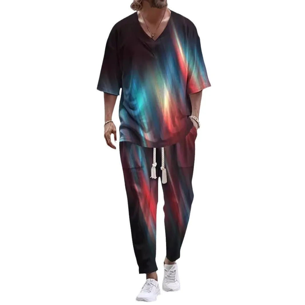Men's lightweight polyester trousers suit with a V-neck cropped sleeve jacket